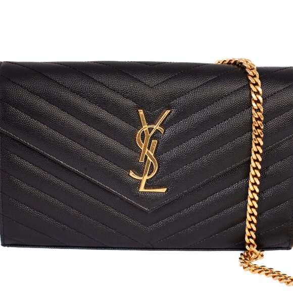 Authentic Saint Laurent Classic Cassandre Black Grain De Poudre Wallet on Chain - Picture 2 of 10